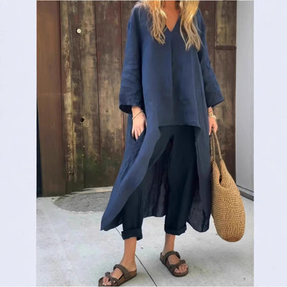 Pocket V-neck 2-piece Set Solid Color Loose