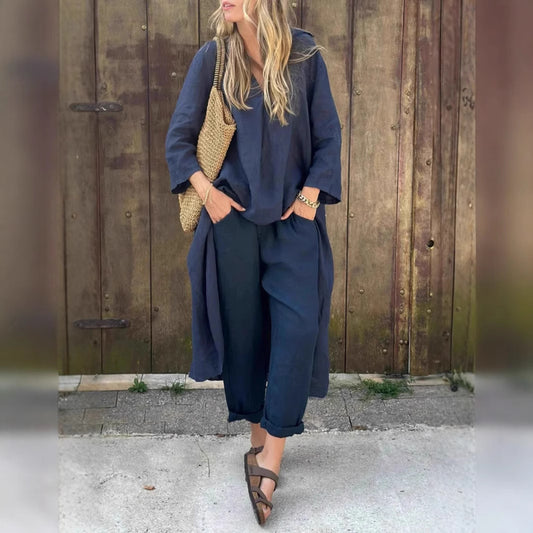 Pocket V-neck 2-piece Set Solid Color Loose