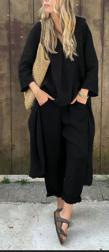Pocket V-neck 2-piece Set Solid Color Loose