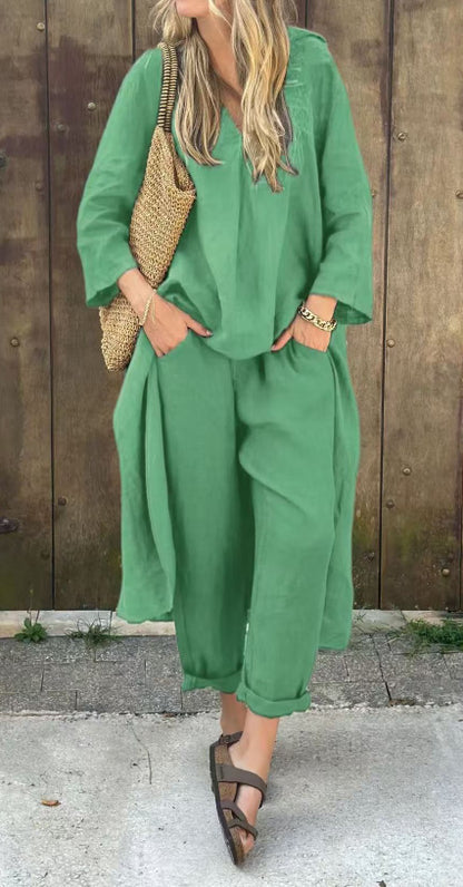 Pocket V-neck 2-piece Set Solid Color Loose