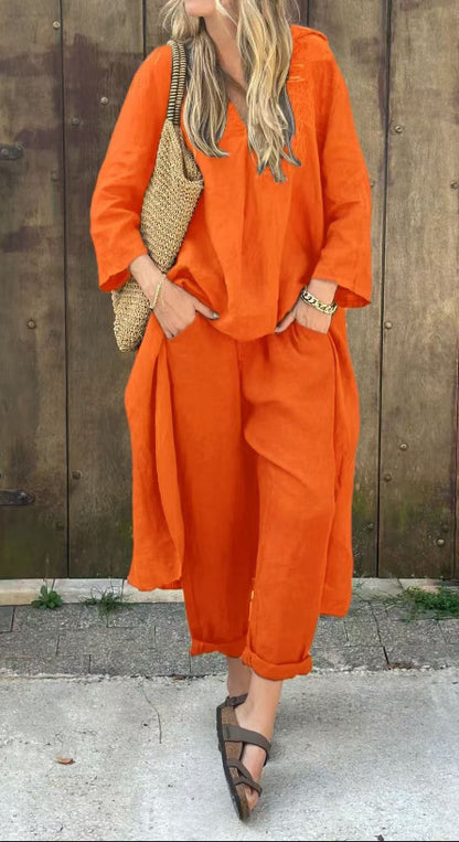 Pocket V-neck 2-piece Set Solid Color Loose