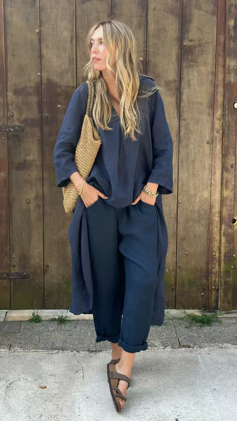 Pocket V-neck 2-piece Set Solid Color Loose