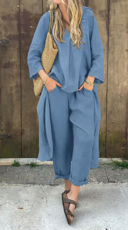 Pocket V-neck 2-piece Set Solid Color Loose