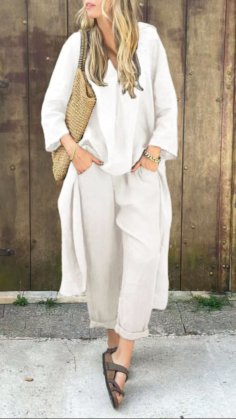 Pocket V-neck 2-piece Set Solid Color Loose