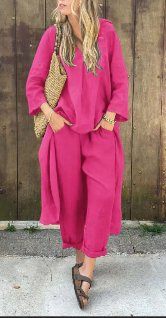 Pocket V-neck 2-piece Set Solid Color Loose