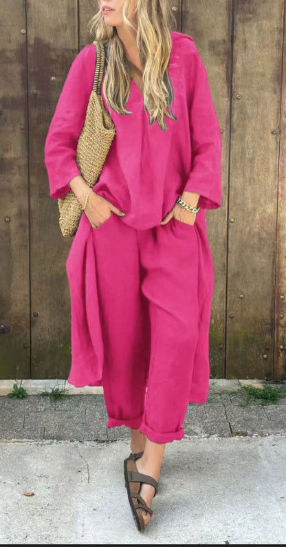 Pocket V-neck 2-piece Set Solid Color Loose